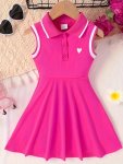Solid Cute Lapel Sleeveless Skater Dress For Girls Outdoor Casual Dresses Summer Clothing Gift