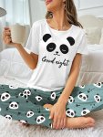 Cartoon Panda Print Pajama Set Short Sleeve Crew Neck Top & Elastic Waistband Pants Women's Sleepwear & Loungewear