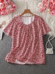 Plus Size All Over Print Crew Neck Blouse Casual Short Sleeve Blouse For Spring & Summer Women's Plus Size Clothing