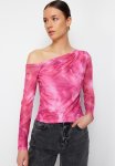 Patterned Tulle Lined Asymmetric Collar Knitted Blouse - Pink