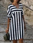 Striped V Neck Loose Dress Casual Short Sleeve Dress For Spring & Summer Women's Clothing