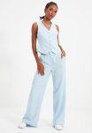 Wide Leg Pleated Woven Trousers - Light Blue