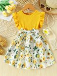 Girl's Flower Pattern Splicing Ruffled Sleeveless Dress Girl's Clothing For Summer spring As Gift