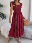 Solid Color Square Neck Shirred Bust Dress Vacation Style Ruffle Sleeve Tiered Hem A-line Dress For Spring & Summer Women's Clot