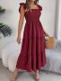 Solid Color Square Neck Shirred Bust Dress Vacation Style Ruffle Sleeve Tiered Hem A-line Dress For Spring & Summer Women's Clothing