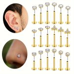 3PCS Stainless Steel Plug-in Stud Earrings Ear Bone Lip Nails Cubic Zirconia Round Square Star Piercing Jewelry 6MM 8MM 10MM