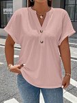 Plus Size Solid Textured T-Shirt Casual V Neck Short Sleeve T-Shirt Women's Plus Sizeclothing