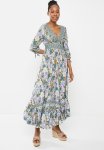 3 4 Sleeve Maxi Floral Border Dress - Multi Green