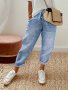 Drawstring Elastic Waistband Plain Washed Blue Whiskering Cropped Ripped Denim Pants Women's Denim Jeans & Clothing