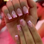 24-PIECE Pink Flower Pattern Square Nail Tips Set With Strobe Finish Medium Length Square Shape Glitter Floral Nail Tips With Je