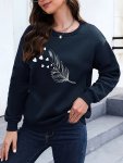 Feather Print Pullover Sweatshirt Casual Long Sleeve Crew Neck Sweatshirt For Fall & Winter Women's Clothing