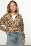 Animal Leopard Patterned Crop Hooded Knitted Sweatshirt