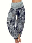 Plus Size Boho Pants Women's Plus Paisley Print Ruched High Waist Baggy Harem Pants