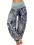 Plus Size Boho Pants Women's Plus Paisley Print Ruched High Waist Baggy Harem Pants