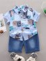 Make Your Little Boy Look Handsome & Stylish With This Geo Pattern Lapel Shirt & Denim Shorts Set