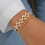 2PC Golden Fashion Women's Wheat Shape Bracelet With Elegant Faux Pearls Vintage Style Adjustable Charm Bangle Set