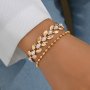 2pc Golden Fashion Women's Wheat Shape Bracelet With Elegant Faux Pearls Vintage Style Adjustable Charm Bangle Set