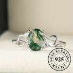 925 Sterling Silver Ring Inlaid Moss Agate In Egg Shape High Quality Jewelry Match Daily Outfits Party Accessory Grain Of Stone