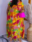 Plus Size Casual Dress Women's Plus Painting Print Short Sleeve Round Neck Maxi Dress