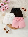 3PCS Baby's Lovely Bowknot Decor Shorts Casual Solid Color Elastic Waist Bottoms Infant & Toddler Girl's Clothing For Summer