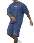 Ryehack Men's 2 Piece Outfits Short Sleeve Crew Neck Summer T Shirt And Drawstring Casual Track Shorts Sportswear Sets Indigo Bl
