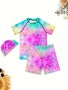 Fancy Fish Scales Print 3-PIECE Girls Swimsuit Raglan Top + Shorts + Swimming Cap Set Girls Swimwear Beach Holiday Bathing Suit