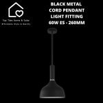 Black Metal Cord Pendant Light Fitting - 60W Es - 260MM