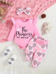 2PCS Baby's "this Princess Has Arrived" Print Ruffled Bodysuit & Hairband & Leopard Heart Pattern Pants Toddler & Infant Girl's