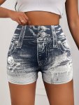 Faux Denim Print Skinny Stretchy Shorts Casual Elastic Waist Shorts For Spring & Summer Women's Clothing