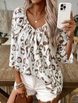 Leopard Print V-neck Ruched Blouse Elegant 3 4 Sleeve Loose Blouse For Spring & Fall Women's Clothing