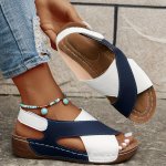Women's Contrast Color Wedge Sandals Crisscross Strap Open Toe Summer Shoes Comfy Breathable Outdoor Sandals