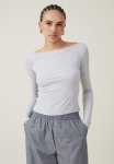 Cotton On Staple Rib Boat Neck Long Sleeve Top - Grey Marle