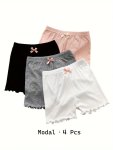 4PCS Solid Color Frill Trim Bow Decor Shorts For Girls Cool And Comfy Breathable Versatile Short Leggings Summer Gift