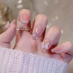 Cewewp 24PCS Medium Square Press-on Nails Nude Pink Glitters False Nails With Butterfly Pearl Rhinestone Designs Full Cover Glos