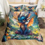 Cute Dragon Bedding Set Cartoon Dragon Comforter Cover Set For Teens Women Room Decor Flowers Plants Duvet Cover Breathable Natu