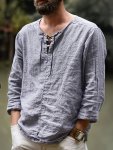 Men's Spring And Autumn Fashion Long Sleeve Tied Cotton Linen Blend Henley Shirt Chic And Trendy Leisure Tops For Casual And Dai