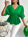 V Neck Cinched Waist Blouse Elegant Short Batwing Sleeve Flare Tuck Top For Spring & Summer Women's Clothing