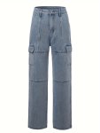 Solid Patchwork Wide Leg Jeans High Waist Multi-pocket Casual Denim Cargo Pants Women's Denim Jeans & Clothing