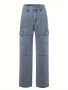 Solid Patchwork Wide Leg Jeans High Waist Multi-pocket Casual Denim Cargo Pants Women's Denim Jeans & Clothing