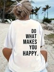Letter Print Drop Shoulder T-Shirt Short Sleeve Crew Neck Casual Top For Spring & Summer Women's Clothing