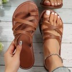 Women's Toe Loop Slide Sandals Casual Cross Strap Slip On Flats Lightweight Beach Shoes