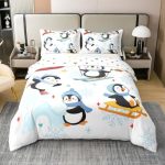 Twin Size Duvet Cover Cute Cartoon Skiing Penguin 100% Pure Cotton Bedding Set Winter Snowflake New Year Bedding Set Merry Chris