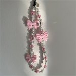 Sweet Pink Bowknot Pearl Beaded Phone Charm Strap Pendant For Iphone Samsung Accessories Chain Lanyard Woman Jewelry Hanging Co