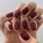 24 Pcs Short Squoval Press On Nails Simple Glossy Red Fake Nails Glitter Artificial Finger Manicure False Nails