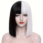 Chic Vampire-inspired 30.48CM Black & White Bob Wig With Bangs - Heat Resistant Synthetic Hair For Women Perfect For Cosplay & H