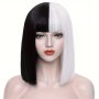 Chic Vampire-inspired 30.48CM Black & White Bob Wig With Bangs - Heat Resistant Synthetic Hair For Women Perfect For Cosplay & Halloween