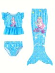 Girls Mermaid Swimsuit Cosplay Costumes Ruffle Top + Shorts + Bottoms Mermaid Tail Bikini Bathing Suit
