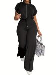 Casual Solid Two-piece Set Crew Neck Short Sleeve Tops & Drawstring Long Length Pants Outfits Women's Clothing