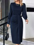 Solid Color Crew Neck Ruched Dress Elegant Long Sleeve Bodycon Dress For Spring & Fall Women's Clothing