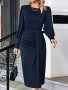 Solid Color Crew Neck Ruched Dress Elegant Long Sleeve Bodycon Dress For Spring & Fall Women's Clothing